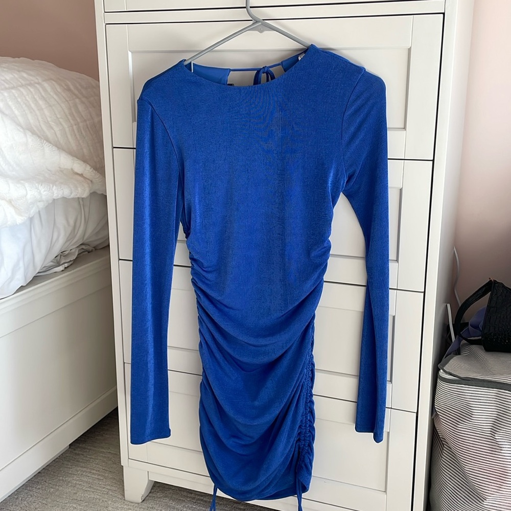 Lucy in the Sky. Royal Blue ruched long sleeve dress.